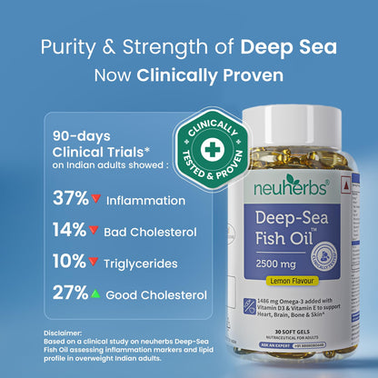 Neuherbs Deep Sea Omega 3 Fish Oil Supplement, Triple Strength 2500mg, Lemon Flavored with EPA DHA, Vitamins E & D3 - front v