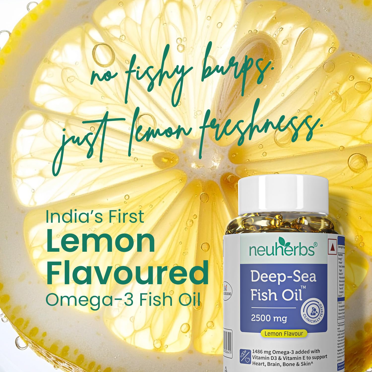 Neuherbs Deep Sea Omega 3 Fish Oil Supplement, Triple Strength 2500mg, Lemon Flavored with EPA DHA, Vitamins E & D3 - ingredi