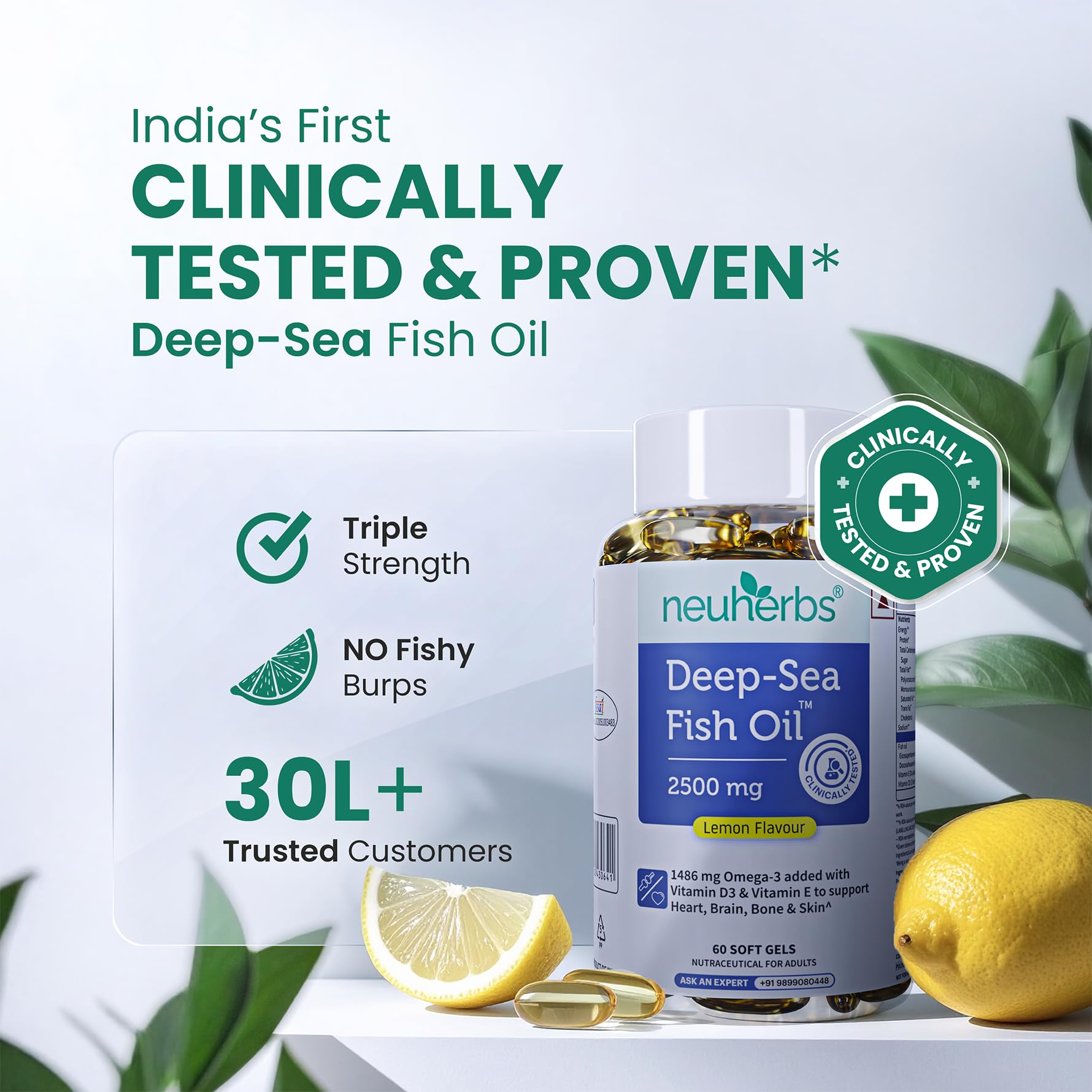 Neuherbs Deep Sea Omega 3 Fish Oil Supplement, Triple Strength 2500mg, Lemon Flavored with EPA DHA, Vitamins E & D3 - close-u