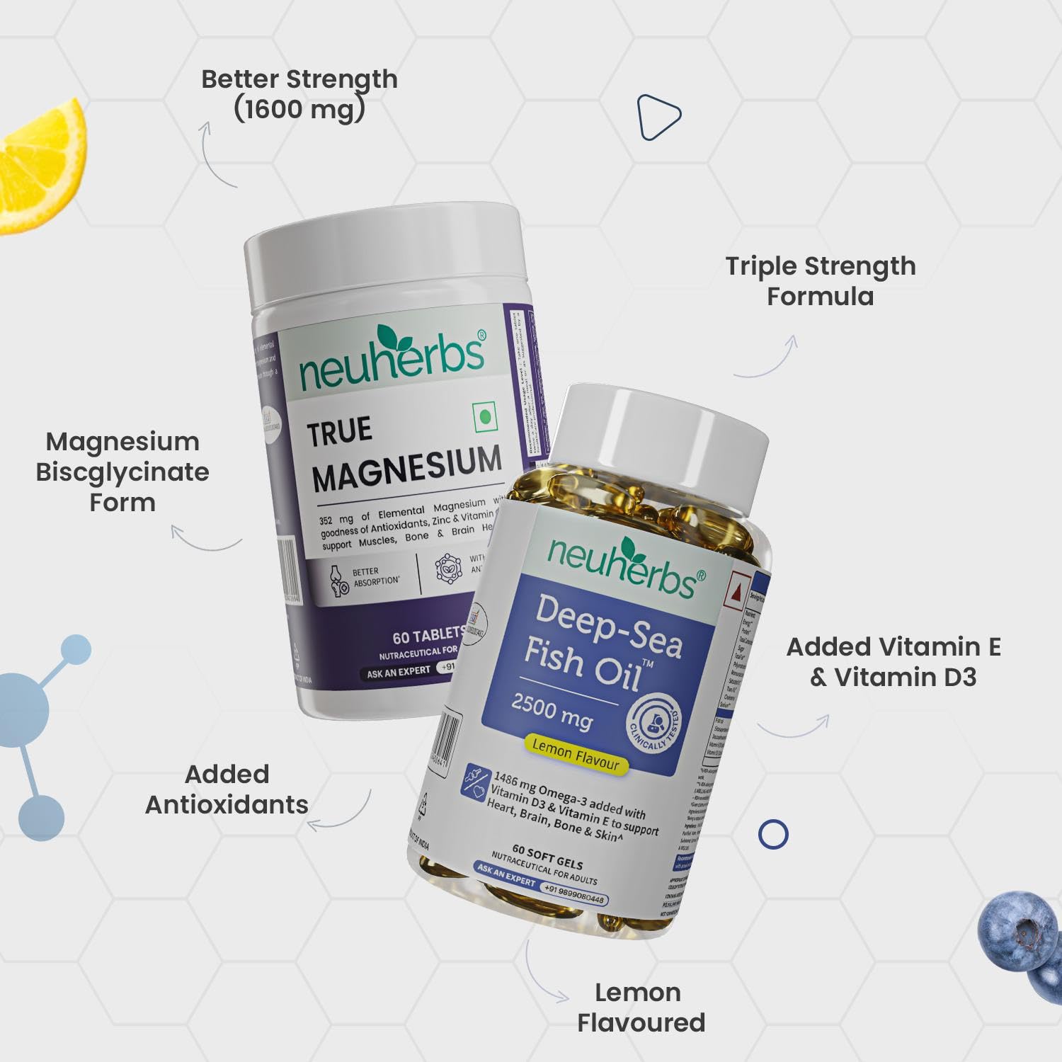 Neuherbs Deep Sea Omega 3 Fish Oil Supplement, Triple Strength 2500mg, Lemon Flavored with EPA DHA, Vitamins E & D3 - front v