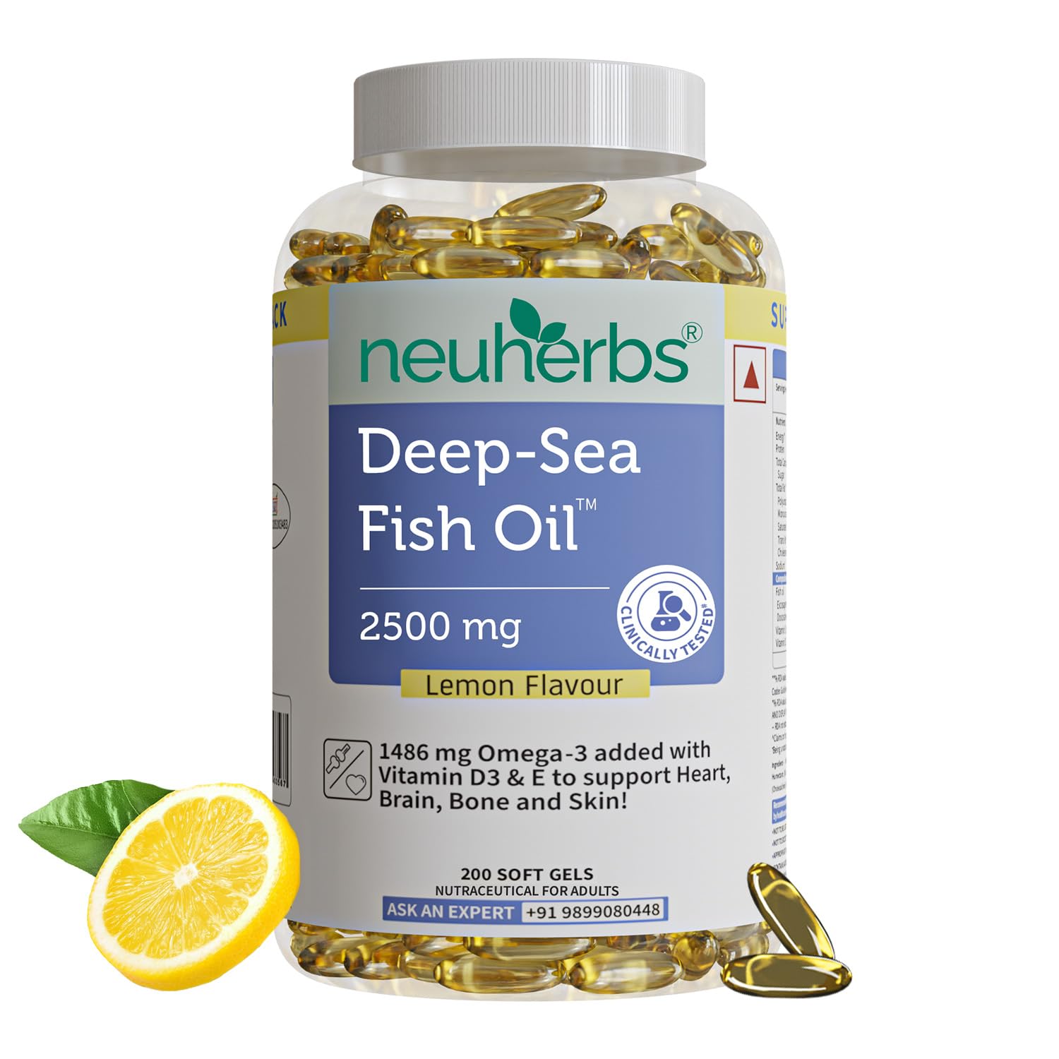 Neuherbs Deep Sea Omega 3 Fish Oil Supplement, Triple Strength 2500mg, Lemon Flavored with EPA DHA, Vitamins E & D3 (47)
