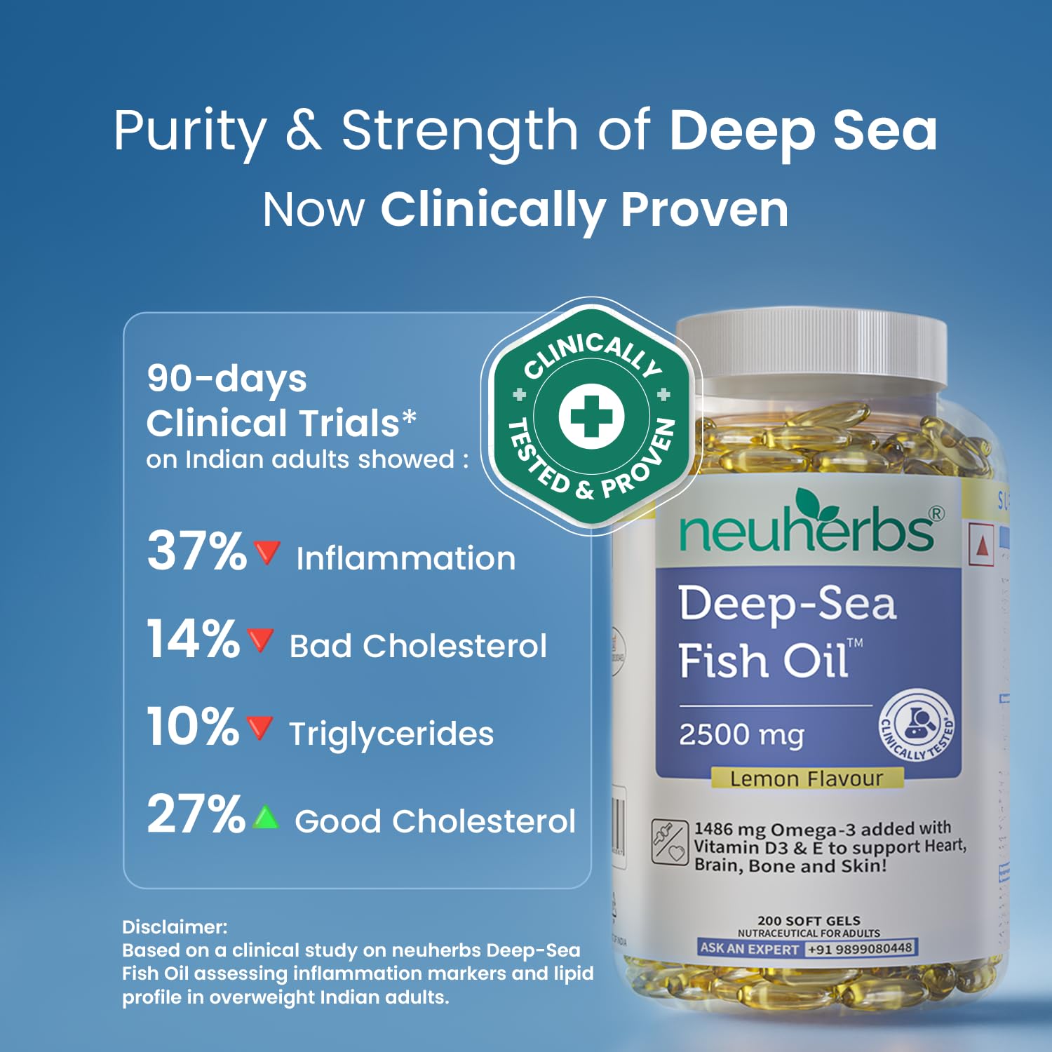 Neuherbs Deep Sea Omega 3 Fish Oil Supplement, Triple Strength 2500mg, Lemon Flavored with EPA DHA, Vitamins E & D3 - front v