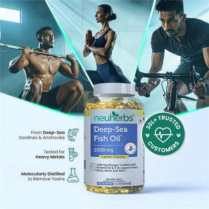 Neuherbs Deep Sea Omega 3 Fish Oil Supplement, Triple Strength 2500mg, Lemon Flavored with EPA DHA, Vitamins E & D3 - back vi