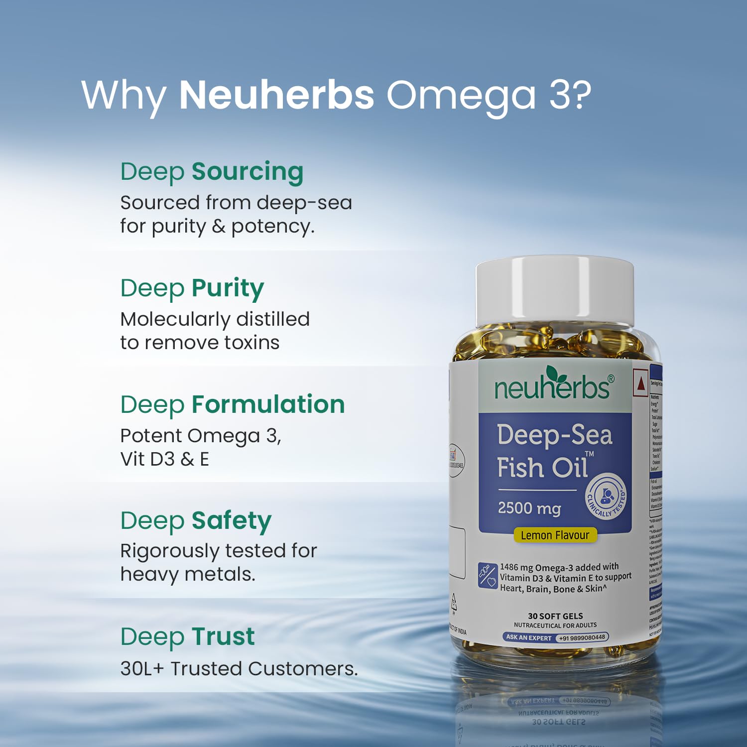 Neuherbs Deep Sea Omega 3 Fish Oil Supplement, Triple Strength 2500mg, Lemon Flavored with EPA DHA, Vitamins E & D3 - label d