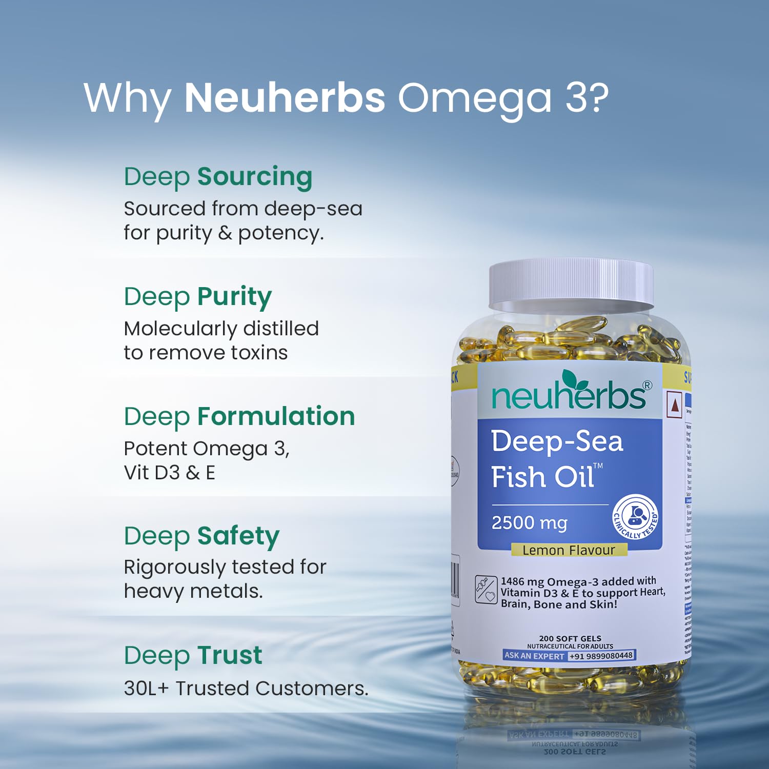 Neuherbs Deep Sea Omega 3 Fish Oil Supplement, Triple Strength 2500mg, Lemon Flavored with EPA DHA, Vitamins E & D3 - label d