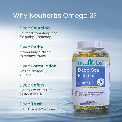 Neuherbs Deep Sea Omega 3 Fish Oil Supplement, Triple Strength 2500mg, Lemon Flavored with EPA DHA, Vitamins E & D3 - label d
