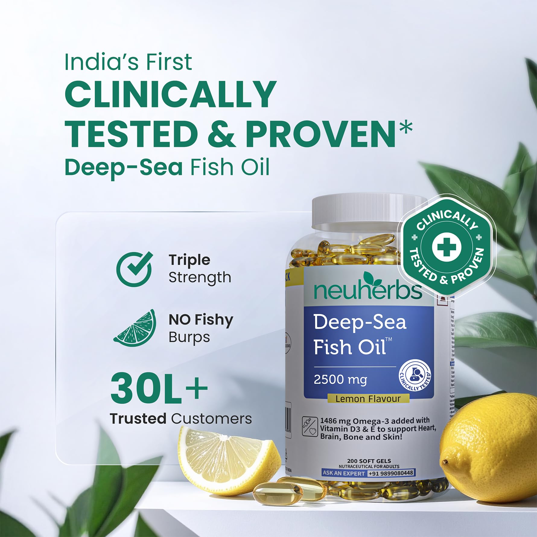 Neuherbs Deep Sea Omega 3 Fish Oil Supplement, Triple Strength 2500mg, Lemon Flavored with EPA DHA, Vitamins E & D3 - ingredi