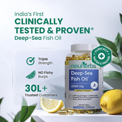 Neuherbs Deep Sea Omega 3 Fish Oil Supplement, Triple Strength 2500mg, Lemon Flavored with EPA DHA, Vitamins E & D3 - ingredi