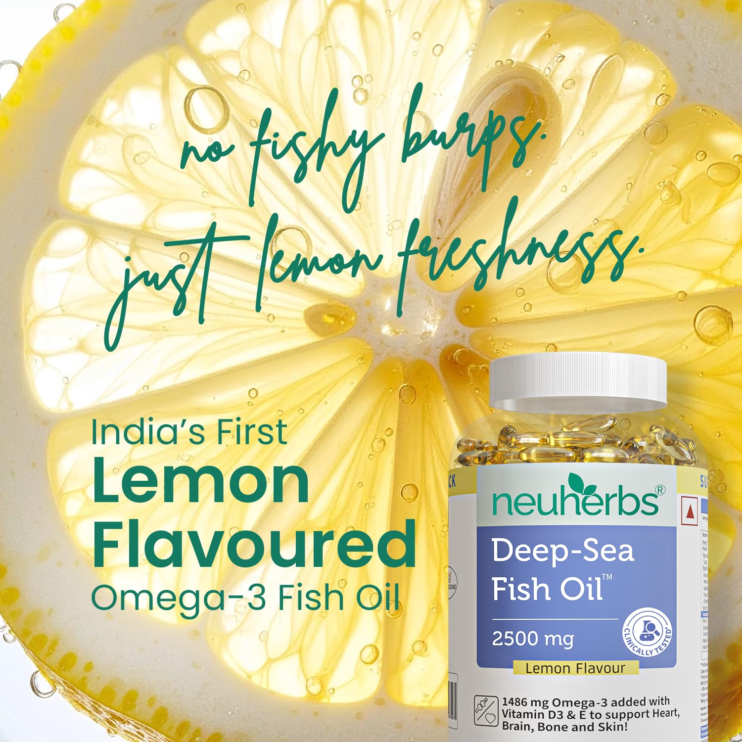 Neuherbs Deep Sea Omega 3 Fish Oil Supplement, Triple Strength 2500mg, Lemon Flavored with EPA DHA, Vitamins E & D3 - close-u