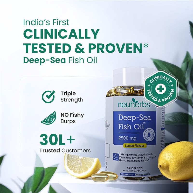 Neuherbs Deep Sea Omega 3 Fish Oil Supplement, Triple Strength 2500mg, Lemon Flavored with EPA DHA, Vitamins E & D3 - ingredi
