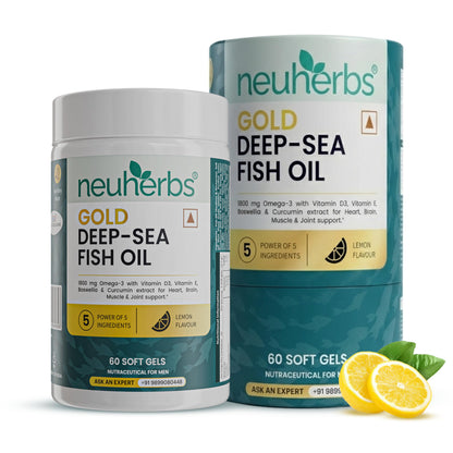 Neuherbs Gold Deep Sea 6X Omega-3 Fish Oil Capsules, 60 Softgels, EPA 1080mg DHA 720mg, Lemon Flavor