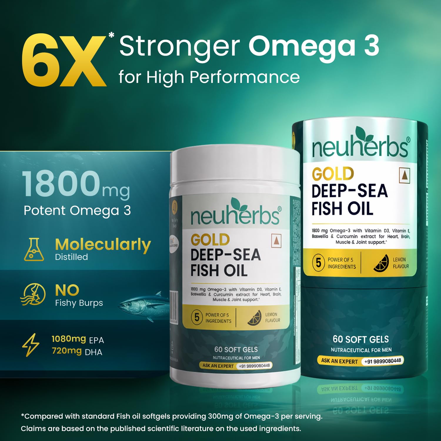 Neuherbs Gold Deep Sea 6X Omega-3 Fish Oil Capsules, 60 Softgels, EPA 1080mg DHA 720mg, Lemon Flavor - packaging
