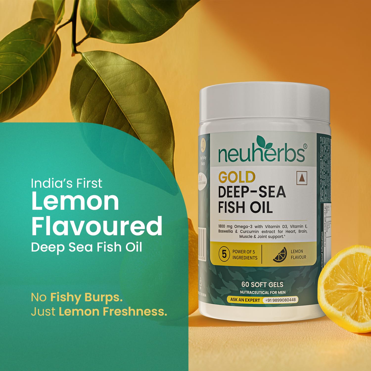 Neuherbs Gold Deep Sea 6X Omega-3 Fish Oil Capsules, 60 Softgels, EPA 1080mg DHA 720mg, Lemon Flavor - ingredients panel