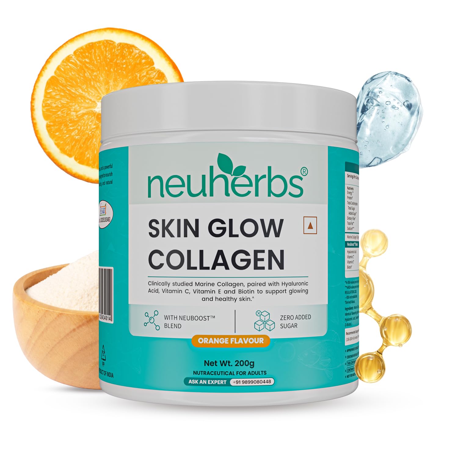 Neuherbs Marine Collagen Powder Supplement, 200g, Hydrolyzed Peptides with Hyaluronic Acid, Biotin, Vitamin C & E (10)