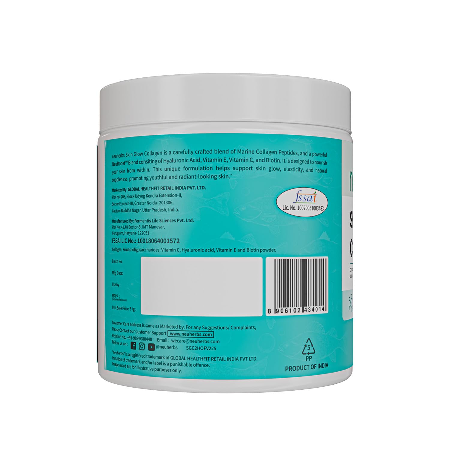 Neuherbs Marine Collagen Powder Supplement, 200g, Hydrolyzed Peptides with Hyaluronic Acid, Biotin, Vitamin C & E - size and 