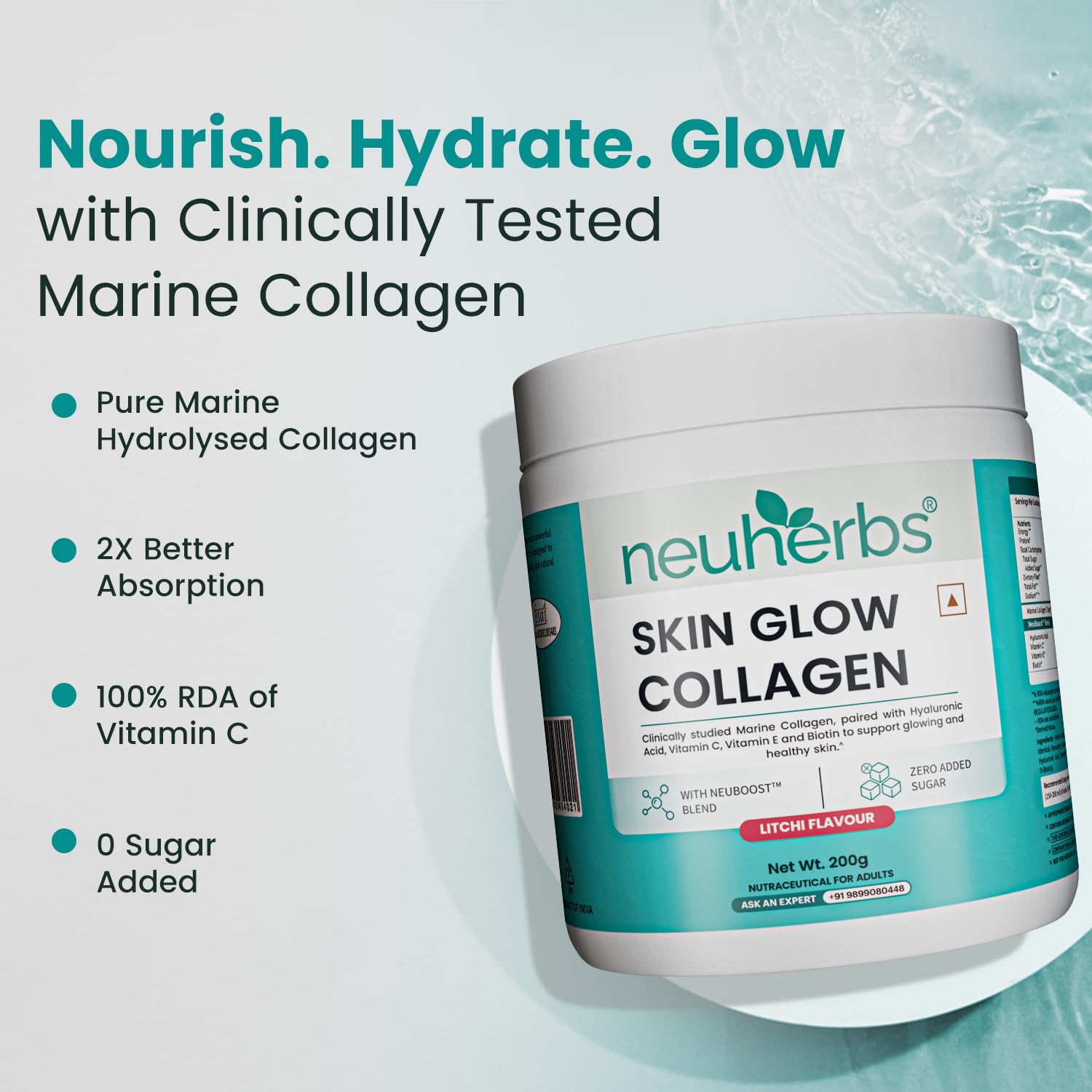 Neuherbs Marine Collagen Powder Supplement, 200g, Hydrolyzed Peptides with Hyaluronic Acid, Biotin, Vitamin C & E - packaging