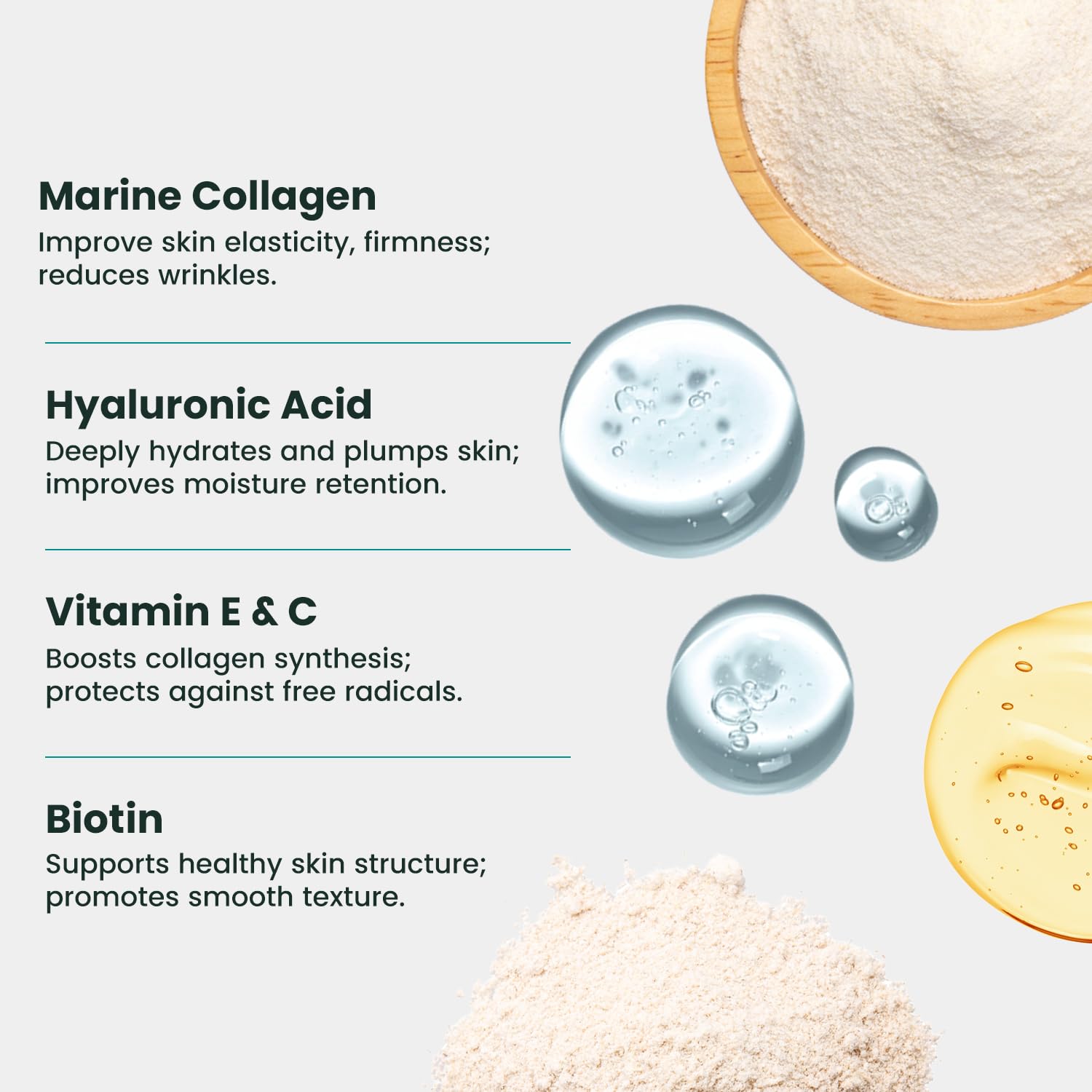 Neuherbs Marine Collagen Powder Supplement, 200g, Hydrolyzed Peptides with Hyaluronic Acid, Biotin, Vitamin C & E - ingredien
