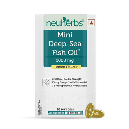Neuherbs Mini Deep Sea Omega 3 Fish Oil Softgel Capsules 1000mg, Lemon Flavour, EPA DHA with Vitamins D3 & E
