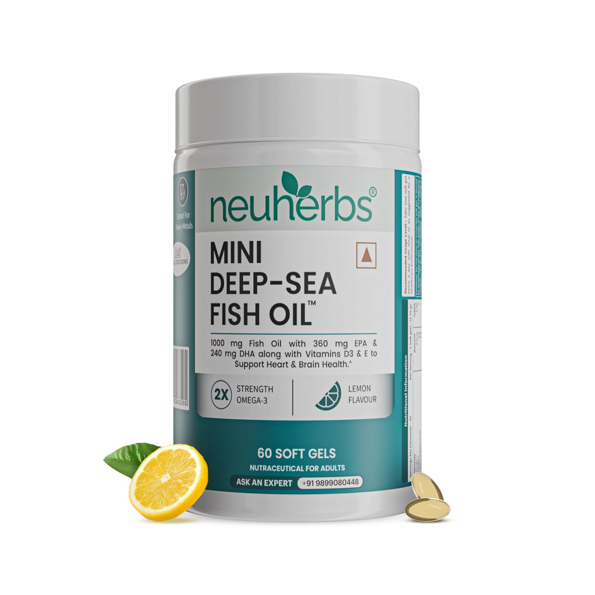 Neuherbs Mini Deep Sea Omega 3 Fish Oil Softgel Capsules 1000mg, Lemon Flavour, EPA DHA with Vitamins D3 & E (10)