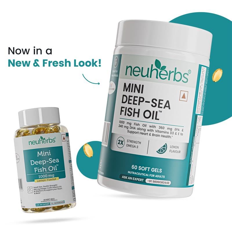 Neuherbs Mini Deep Sea Omega 3 Fish Oil Softgel Capsules 1000mg, Lemon Flavour, EPA DHA with Vitamins D3 & E - front view (11