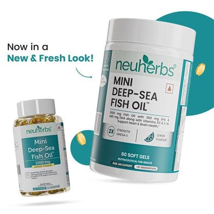 Neuherbs Mini Deep Sea Omega 3 Fish Oil Softgel Capsules 1000mg, Lemon Flavour, EPA DHA with Vitamins D3 & E - front view (11