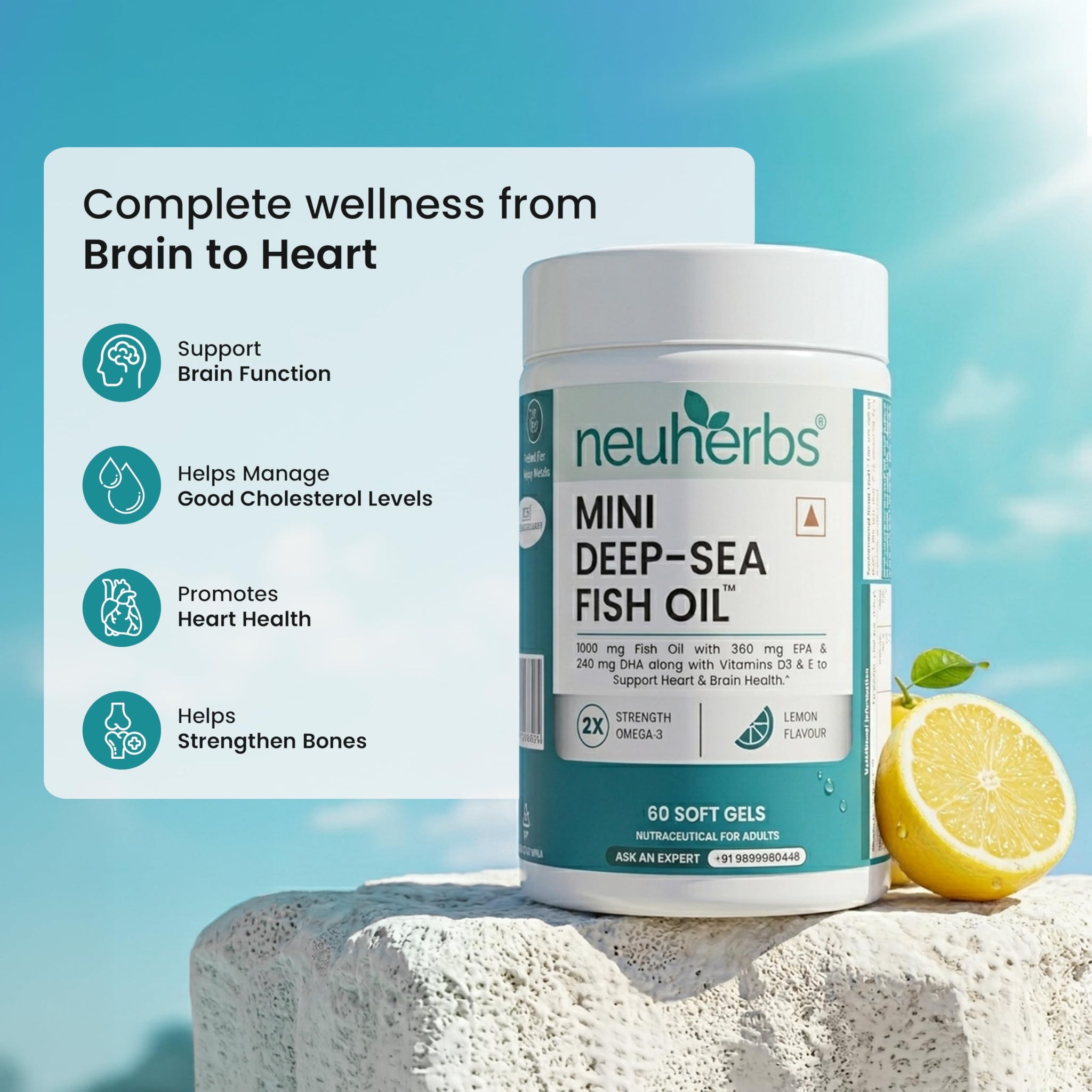Neuherbs Mini Deep Sea Omega 3 Fish Oil Softgel Capsules 1000mg, Lemon Flavour, EPA DHA with Vitamins D3 & E - back view (12)