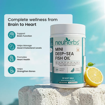 Neuherbs Mini Deep Sea Omega 3 Fish Oil Softgel Capsules 1000mg, Lemon Flavour, EPA DHA with Vitamins D3 & E - back view (12)