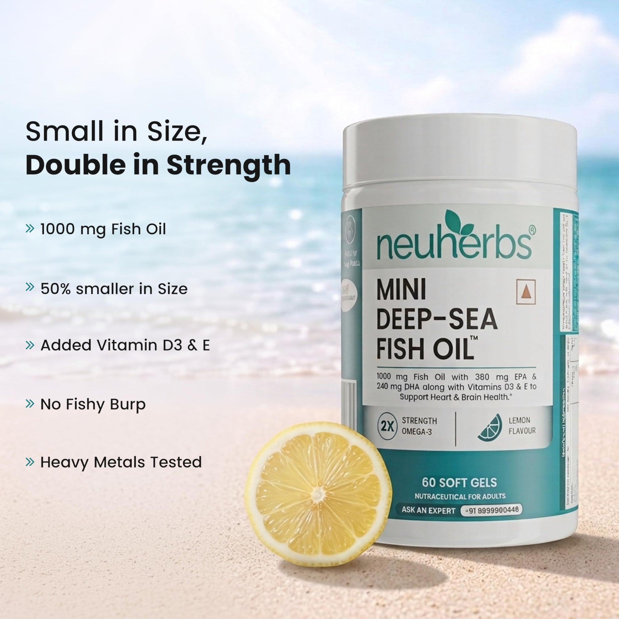 Neuherbs Mini Deep Sea Omega 3 Fish Oil Softgel Capsules 1000mg, Lemon Flavour, EPA DHA with Vitamins D3 & E - packaging (13)