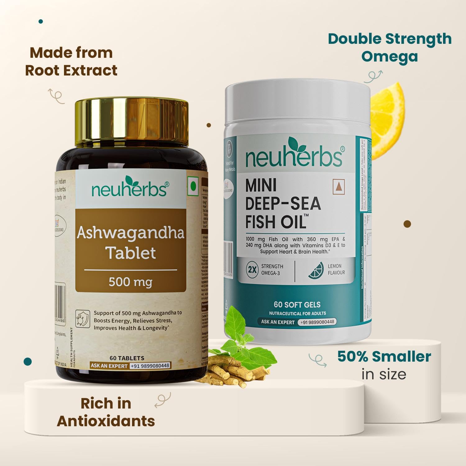 Neuherbs Mini Deep Sea Omega 3 Fish Oil Softgel Capsules 1000mg, Lemon Flavour, EPA DHA with Vitamins D3 & E - front view (19