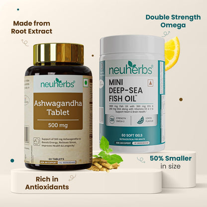 Neuherbs Mini Deep Sea Omega 3 Fish Oil Softgel Capsules 1000mg, Lemon Flavour, EPA DHA with Vitamins D3 & E - front view (19