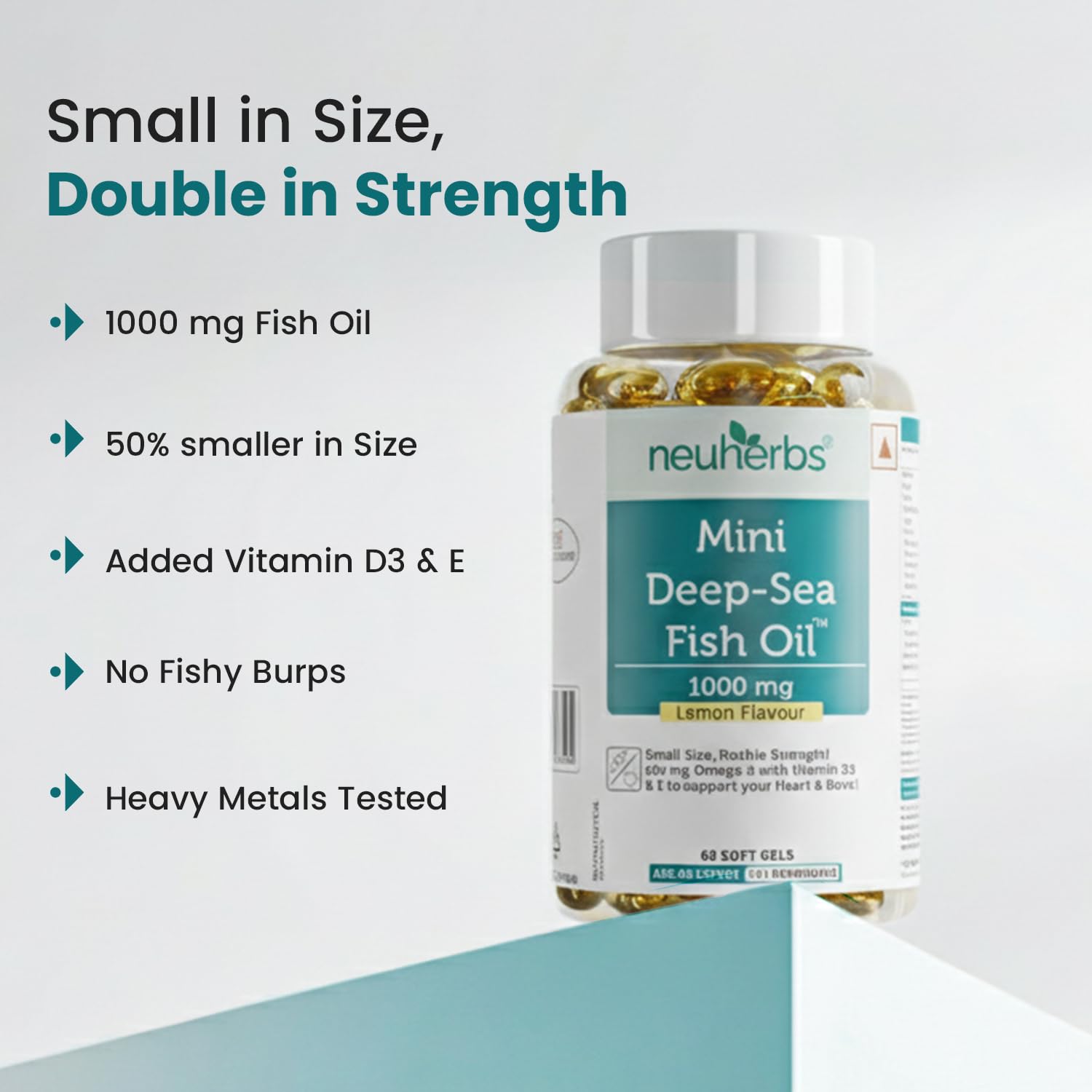 Neuherbs Mini Deep Sea Omega 3 Fish Oil Softgel Capsules 1000mg, Lemon Flavour, EPA DHA with Vitamins D3 & E - packaging (27)