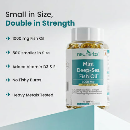 Neuherbs Mini Deep Sea Omega 3 Fish Oil Softgel Capsules 1000mg, Lemon Flavour, EPA DHA with Vitamins D3 & E - packaging (27)