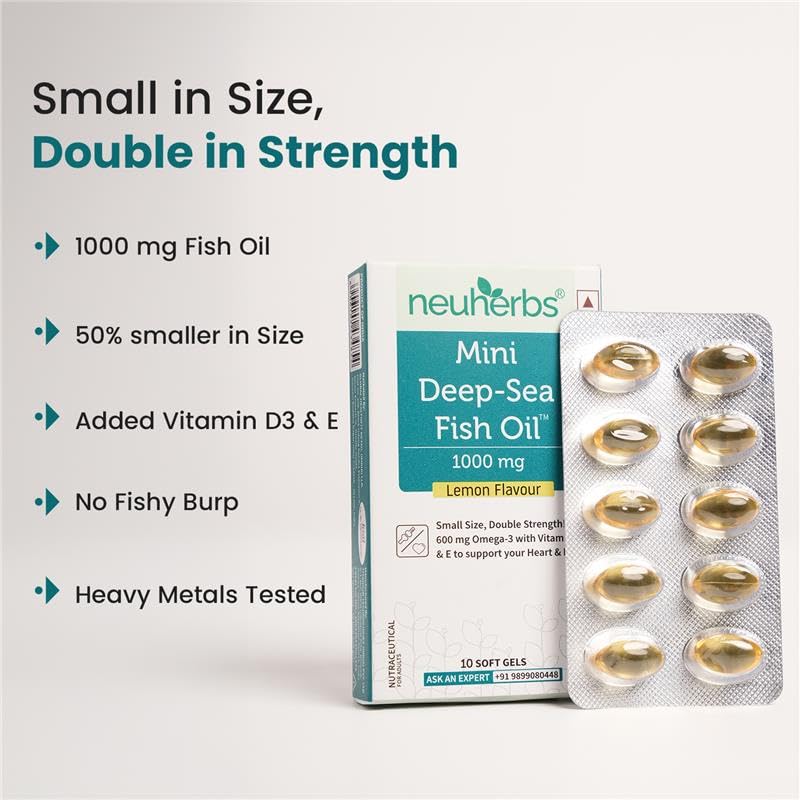 Neuherbs Mini Deep Sea Omega 3 Fish Oil Softgel Capsules 1000mg, Lemon Flavour, EPA DHA with Vitamins D3 & E - back view