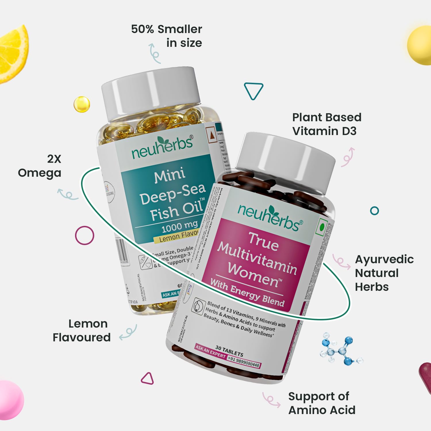 Neuherbs Mini Deep Sea Omega 3 Fish Oil Softgel Capsules 1000mg, Lemon Flavour, EPA DHA with Vitamins D3 & E - back view (33)