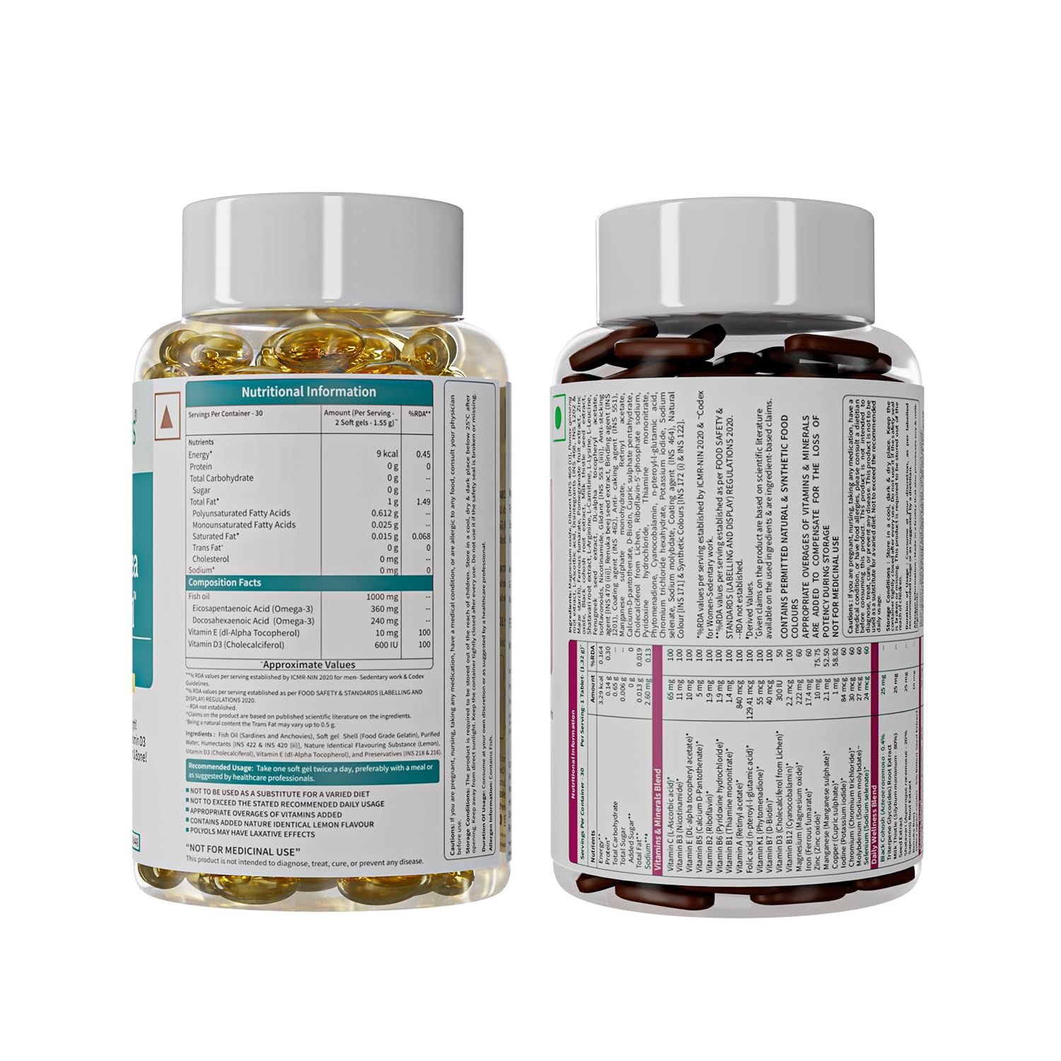 Neuherbs Mini Deep Sea Omega 3 Fish Oil Softgel Capsules 1000mg, Lemon Flavour, EPA DHA with Vitamins D3 & E - ingredients pa