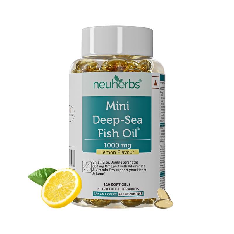 Neuherbs Mini Deep Sea Omega 3 Fish Oil Softgel Capsules 1000mg, Lemon Flavour, EPA DHA with Vitamins D3 & E (38)