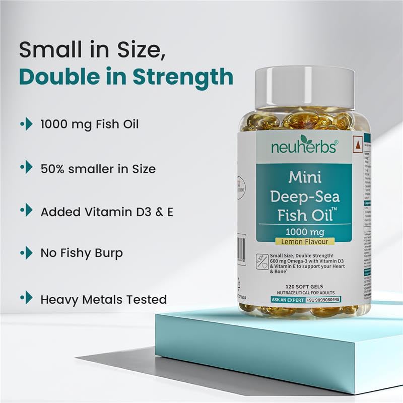 Neuherbs Mini Deep Sea Omega 3 Fish Oil Softgel Capsules 1000mg, Lemon Flavour, EPA DHA with Vitamins D3 & E - back view (39)