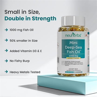 Neuherbs Mini Deep Sea Omega 3 Fish Oil Softgel Capsules 1000mg, Lemon Flavour, EPA DHA with Vitamins D3 & E - back view (39)