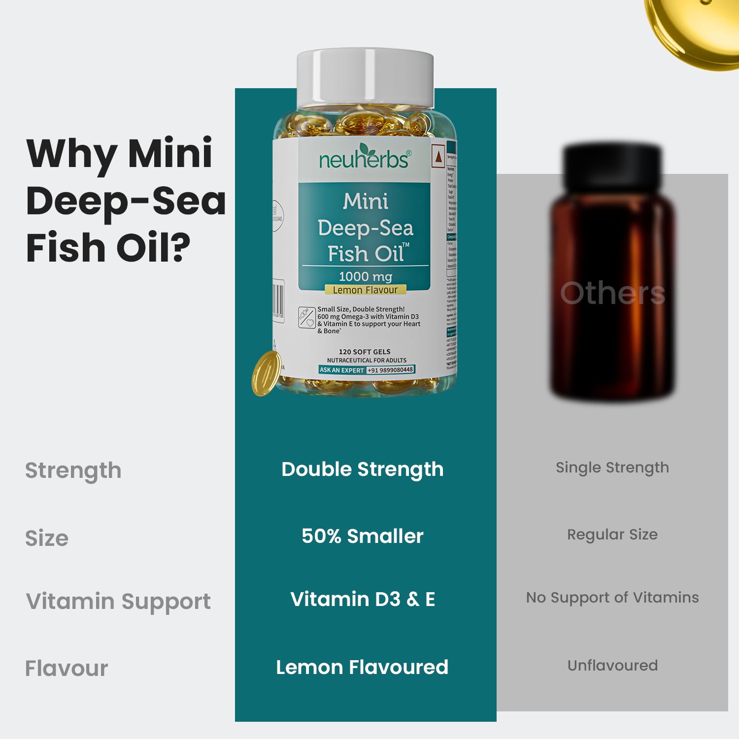 Neuherbs Mini Deep Sea Omega 3 Fish Oil Softgel Capsules 1000mg, Lemon Flavour, EPA DHA with Vitamins D3 & E - packaging (40)