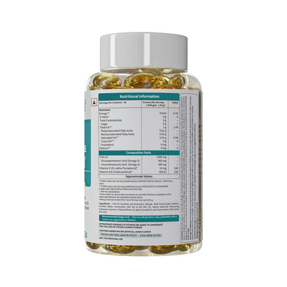 Neuherbs Mini Deep Sea Omega 3 Fish Oil Softgel Capsules 1000mg, Lemon Flavour, EPA DHA with Vitamins D3 & E - ingredients pa