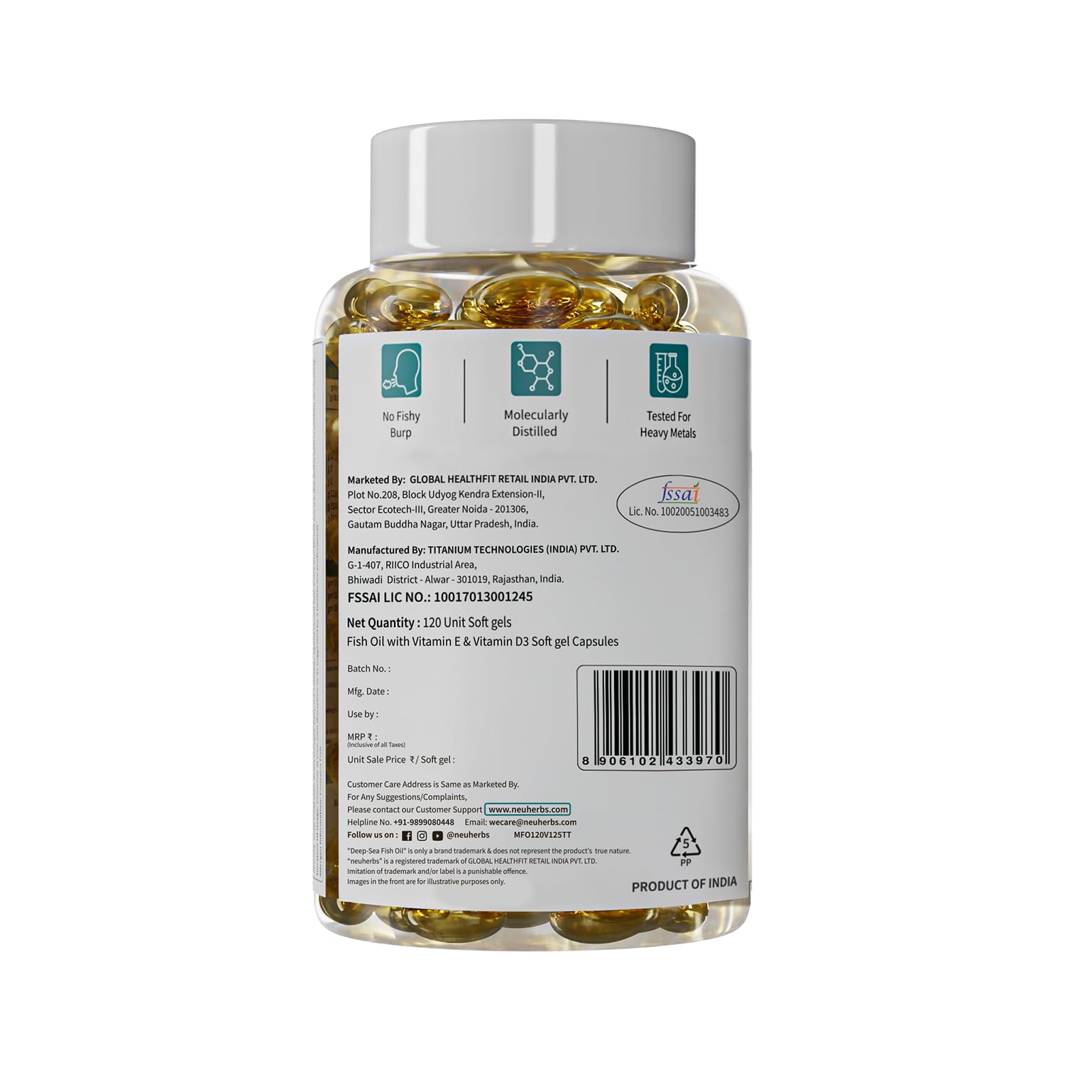 Neuherbs Mini Deep Sea Omega 3 Fish Oil Softgel Capsules 1000mg, Lemon Flavour, EPA DHA with Vitamins D3 & E - close-up detai