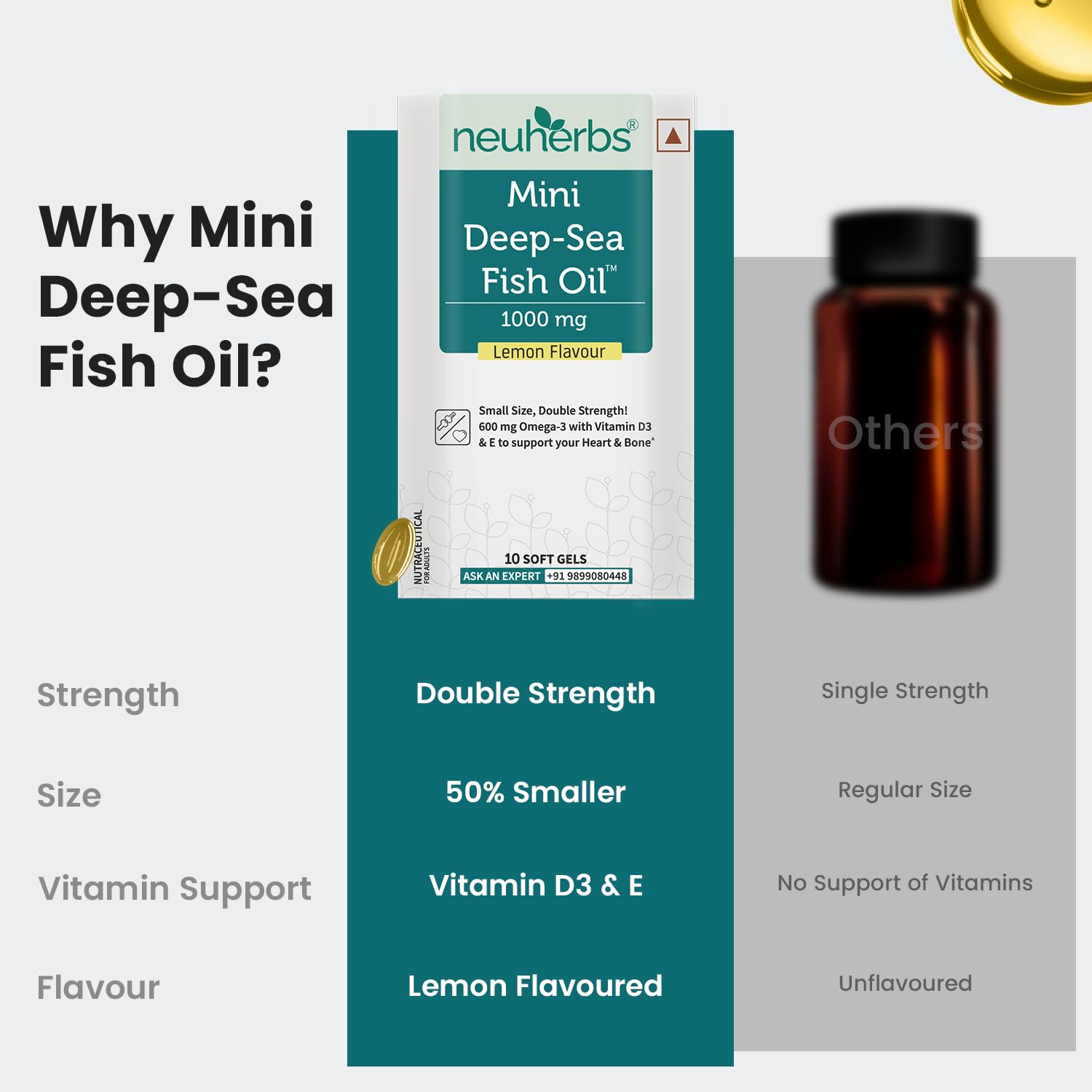 Neuherbs Mini Deep Sea Omega 3 Fish Oil Softgel Capsules 1000mg, Lemon Flavour, EPA DHA with Vitamins D3 & E - label detail