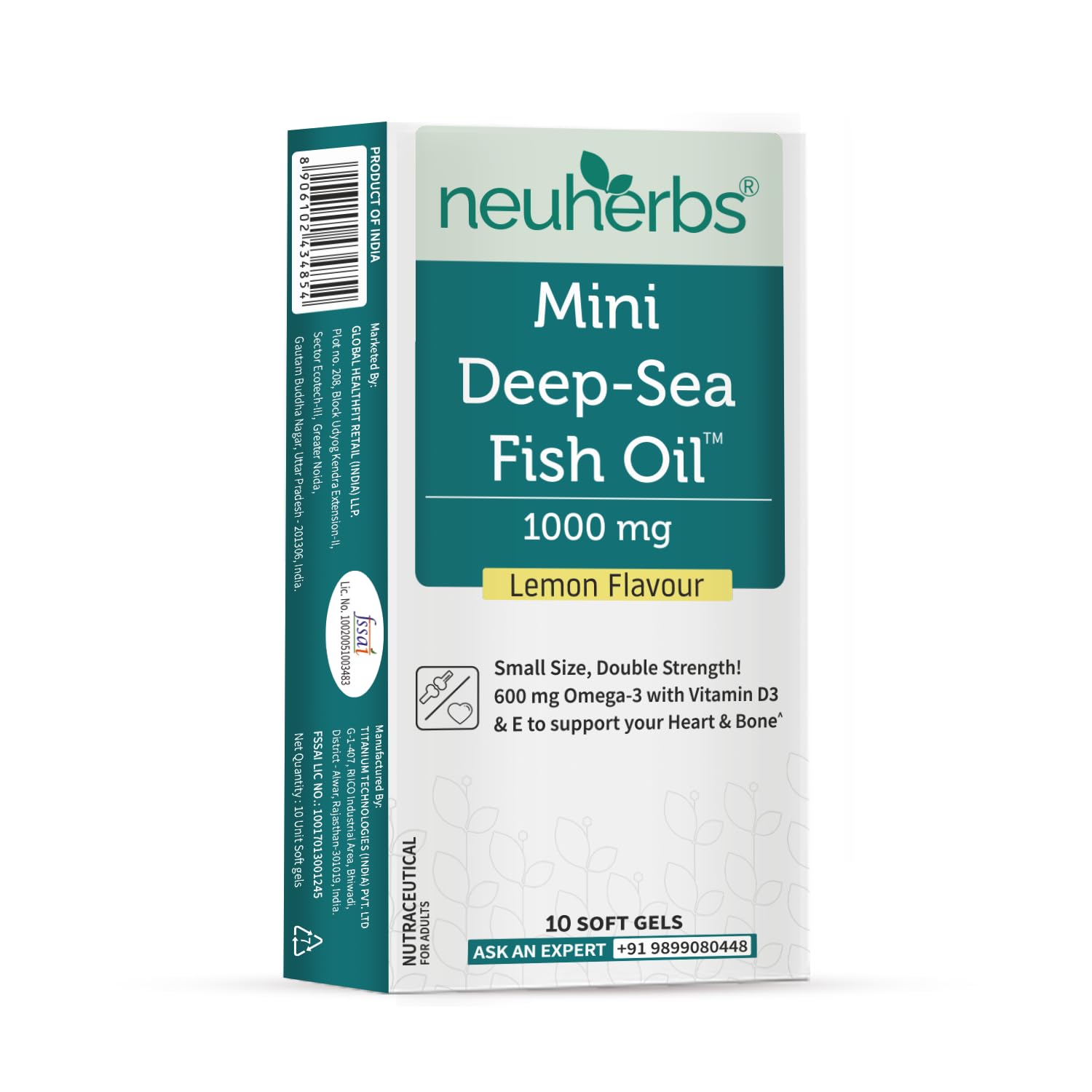 Neuherbs Mini Deep Sea Omega 3 Fish Oil Softgel Capsules 1000mg, Lemon Flavour, EPA DHA with Vitamins D3 & E - ingredients pa