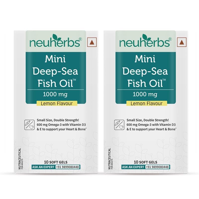 Neuherbs Mini Deep Sea Omega 3 Fish Oil Softgel Capsules 1000mg, Lemon Flavour, EPA DHA with Vitamins D3 & E (8)