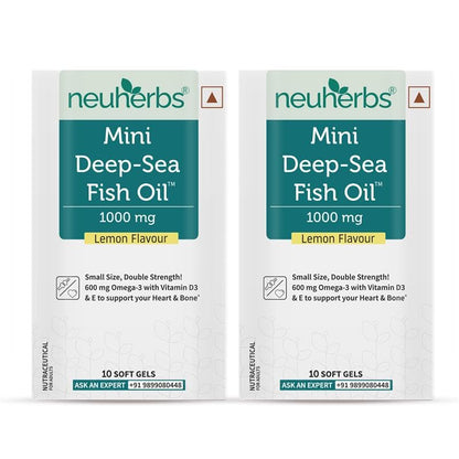 Neuherbs Mini Deep Sea Omega 3 Fish Oil Softgel Capsules 1000mg, Lemon Flavour, EPA DHA with Vitamins D3 & E (8)