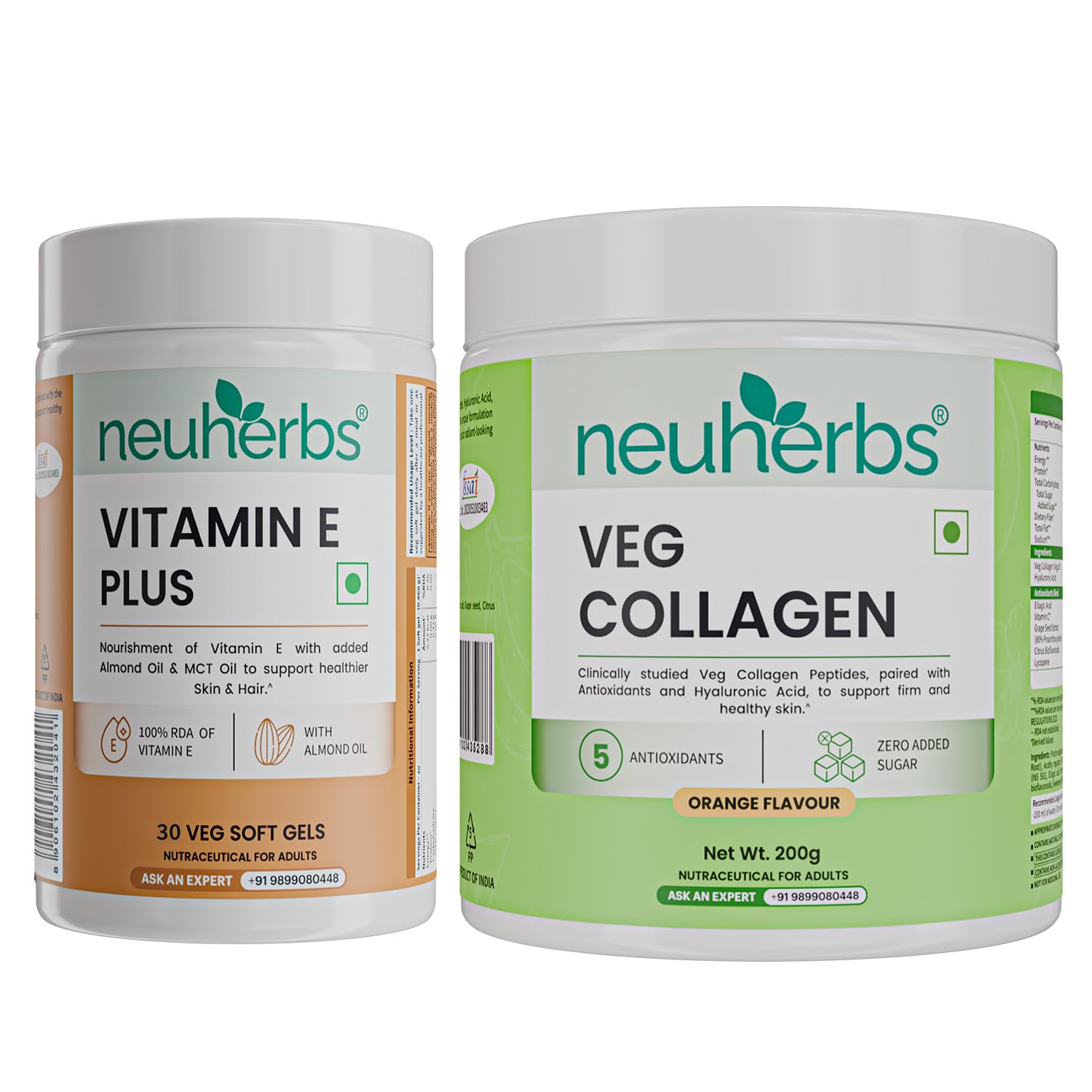 Neuherbs Veg Collagen Supplement Combo, Orange Flavor, 200g Powder & 30 Capsules, Vegan Formula