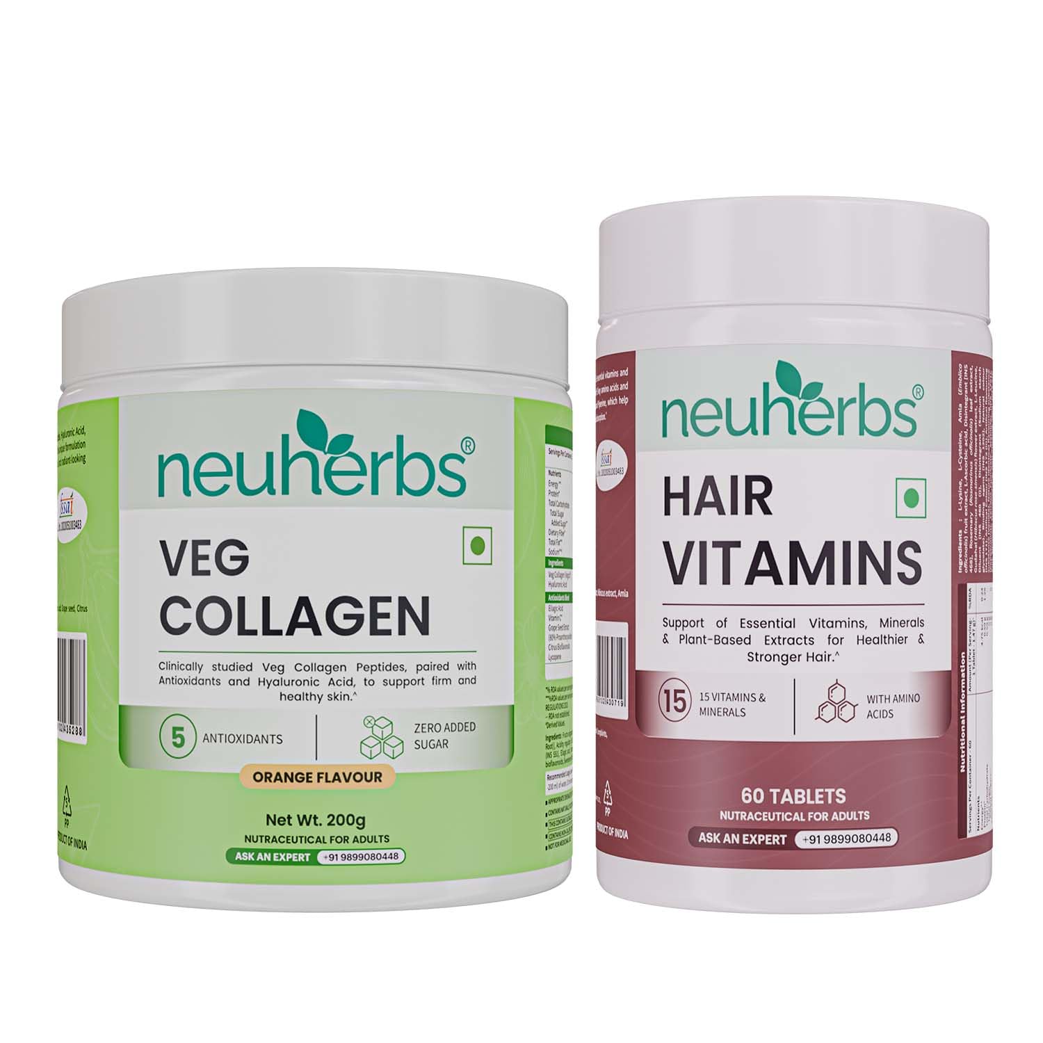 Neuherbs Veg Collagen Supplement Combo, Orange Flavor, 200g Powder & 30 Capsules, Vegan Formula (21)