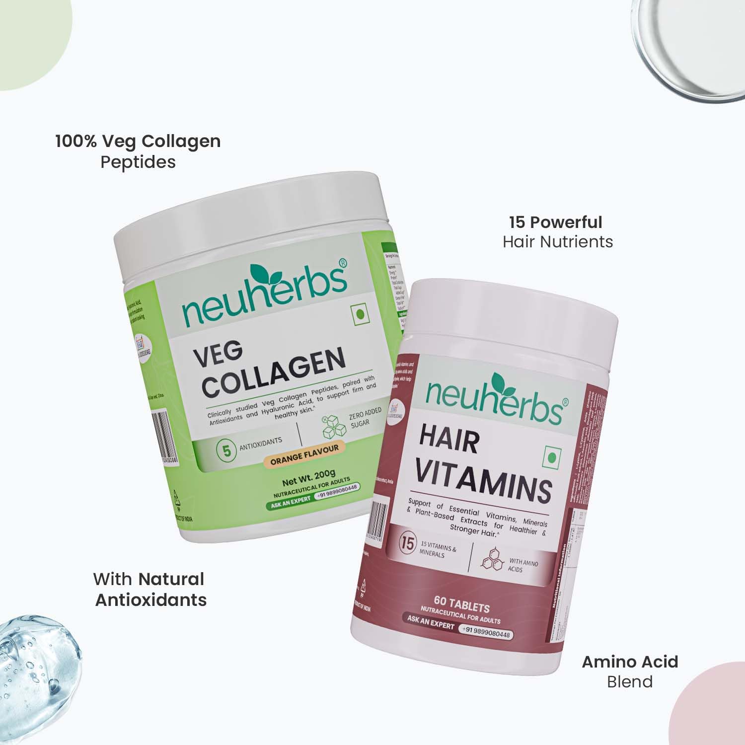 Neuherbs Veg Collagen Supplement Combo, Orange Flavor, 200g Powder & 30 Capsules, Vegan Formula - back view (23)