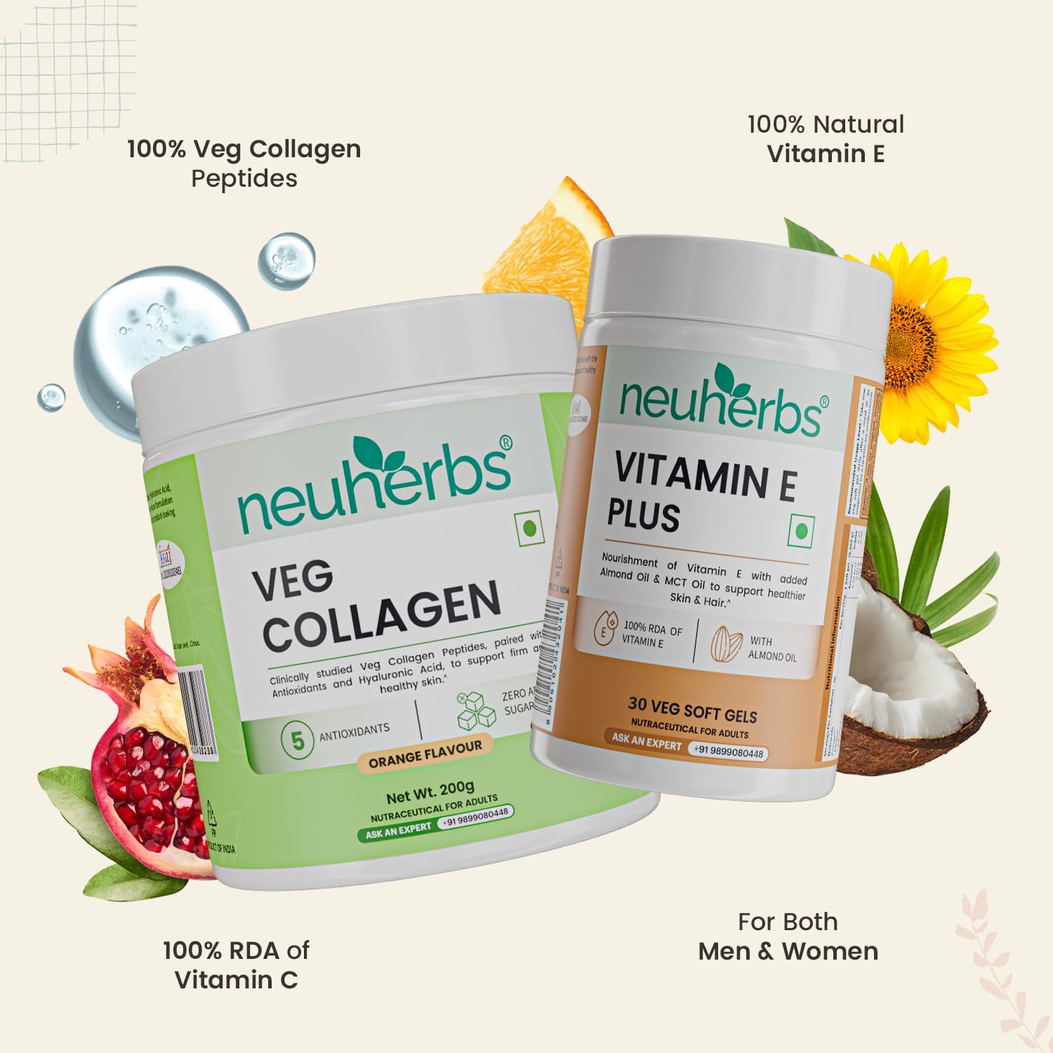 Neuherbs Veg Collagen Supplement Combo, Orange Flavor, 200g Powder & 30 Capsules, Vegan Formula - back view
