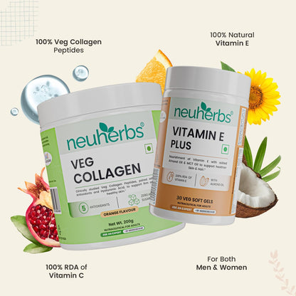 Neuherbs Veg Collagen Supplement Combo, Orange Flavor, 200g Powder & 30 Capsules, Vegan Formula - back view